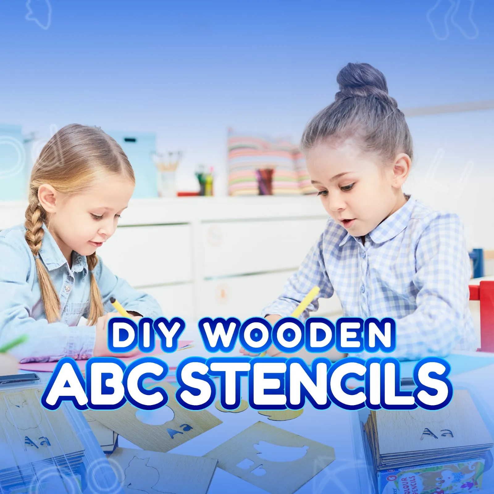 A to Z Learning Wooden Stencils Box with Colors - 014