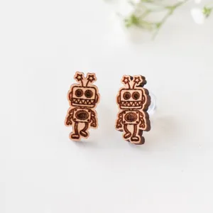 Doodle Robot Cherry Wood Stud Earrings - ET15084