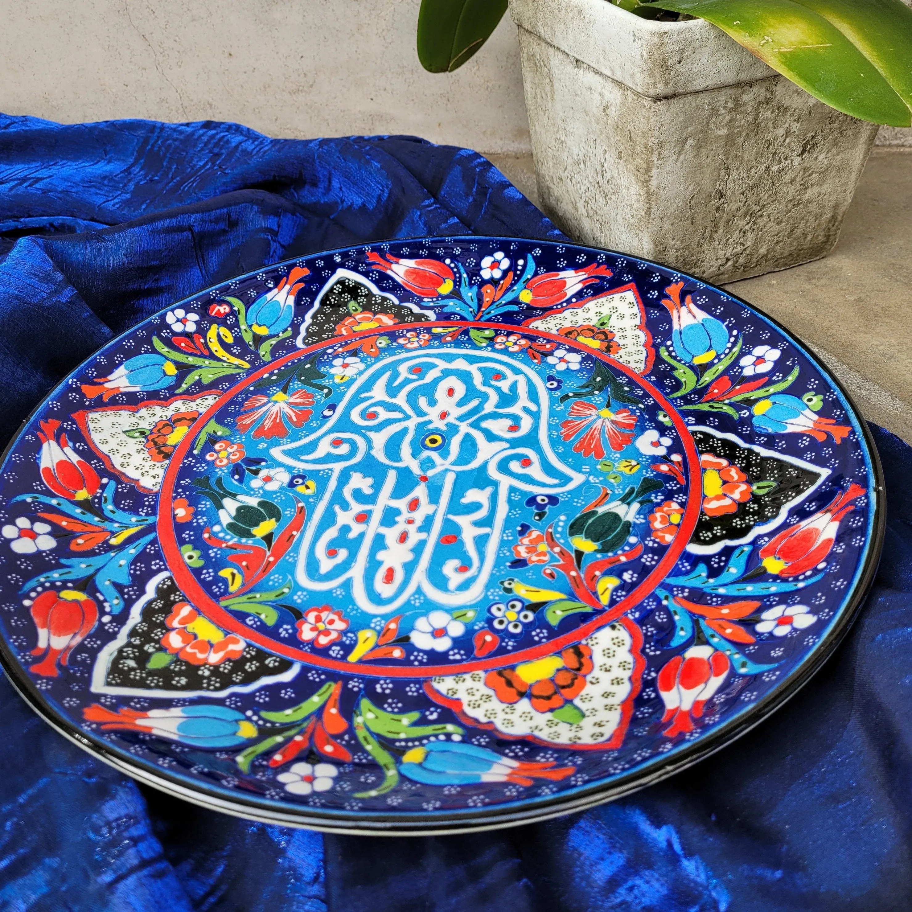 Lucky Hamsa Hand Blue Floral Decorative Plate