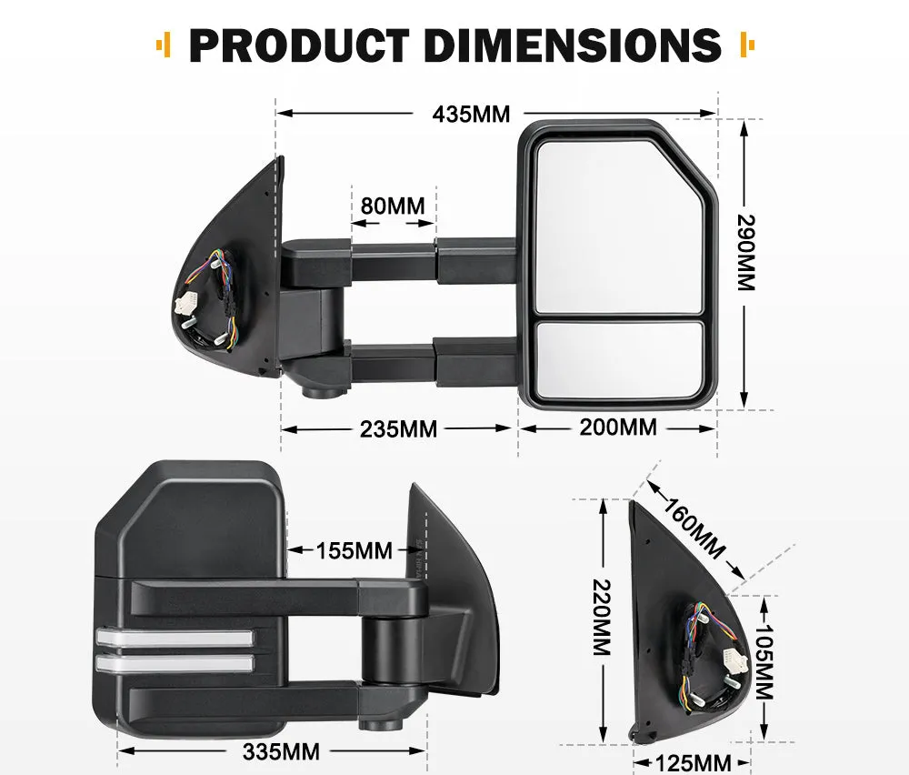 San Hima Pair Extendable Towing Mirrors for Toyota HILUX 2005-2015 N70 Black