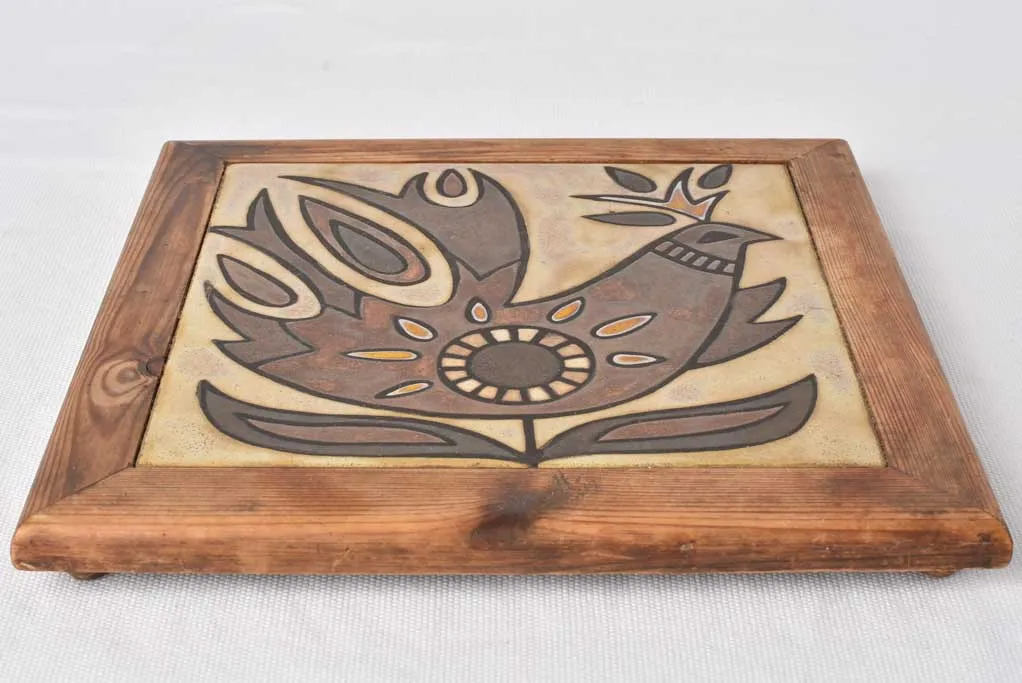 Vintage trivet wood with rooster tile - Vallauris