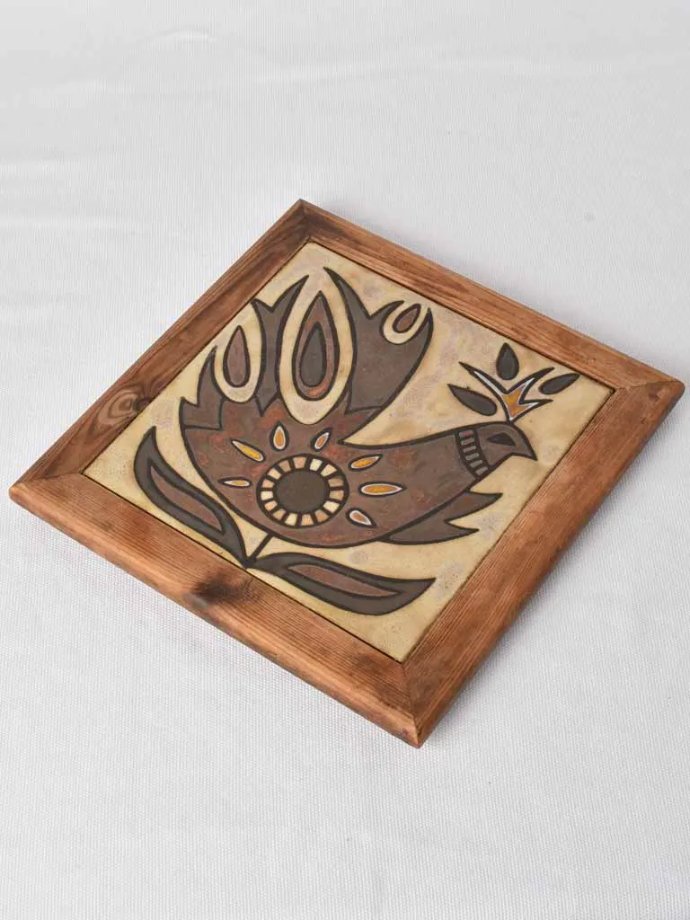 Vintage trivet wood with rooster tile - Vallauris